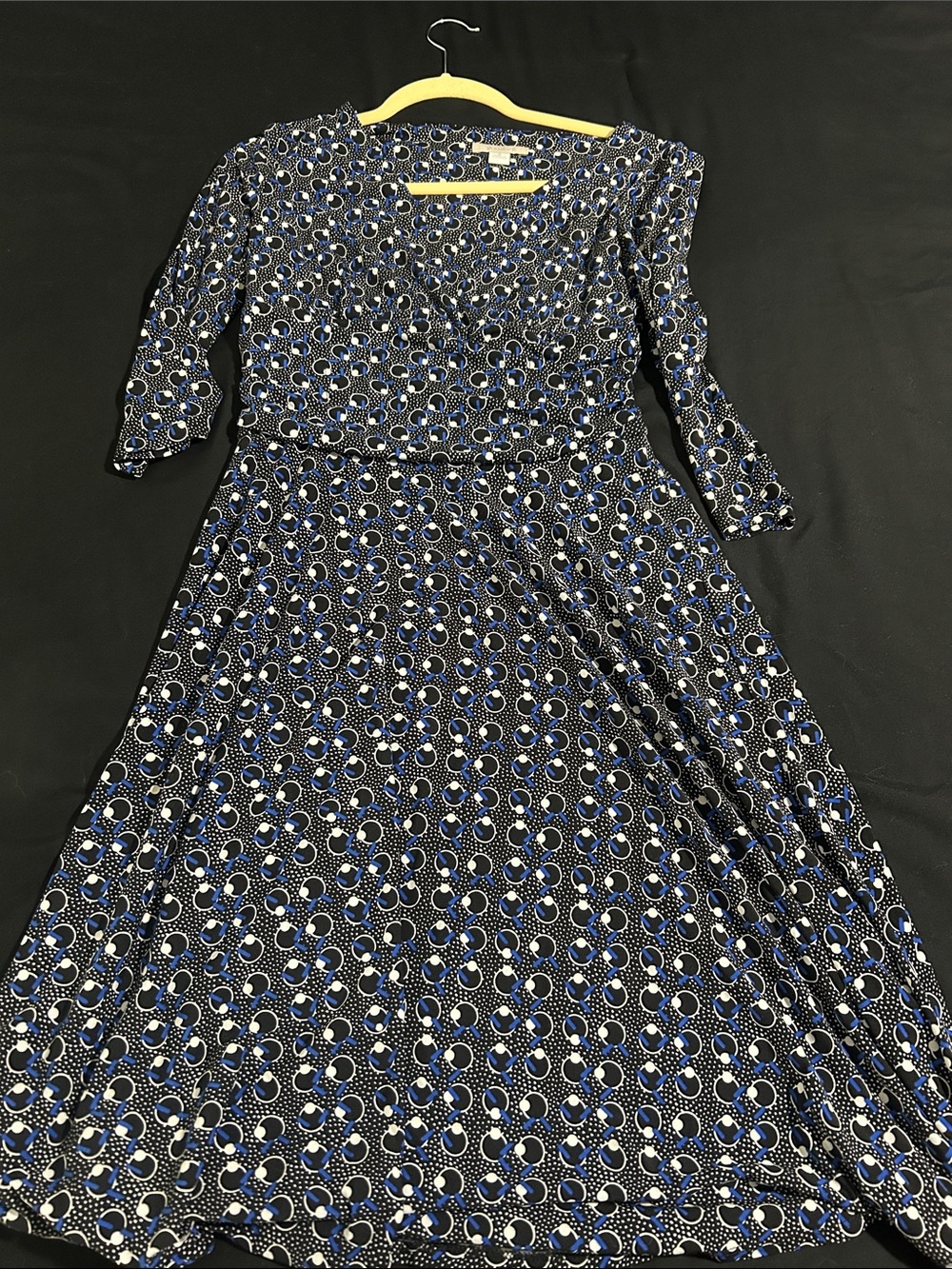 Dress Barn Black, Blue and White Long-Sleeve Fit & Flare Dress